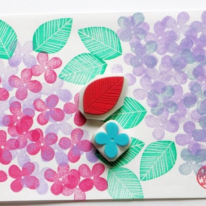 Set di timbri in gomma con ortensie, timbri con fiori e foglie, timbri intagliati a mano, regalo artigianale per amici