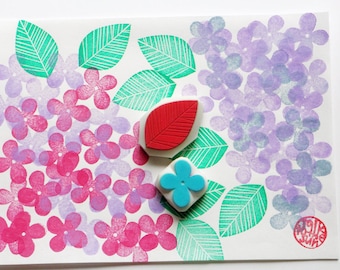 Juego de sellos de goma de hortensias / Sellos tallados a mano / Flores y hojas / Estilo n.° 2