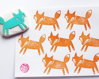 Running fox rubber stamp, Woodland animal stamp, Hand carved stamp, Gift for kids