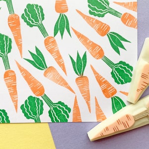 Carrot rubber stamp set, Vegetable stamps, Hand carved stamp, Craft gift for gardener