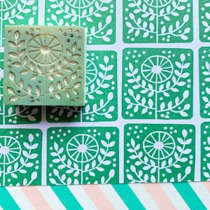 Flower tile rubber stamp, Botanical pattern stamp, Hand carved stamp by talktothesun