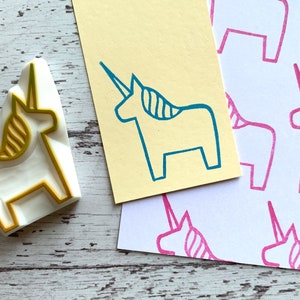 Unicorn rubber stamp, Dala horse stamp, Hand carved stamp by talktothesun, Gift for kids