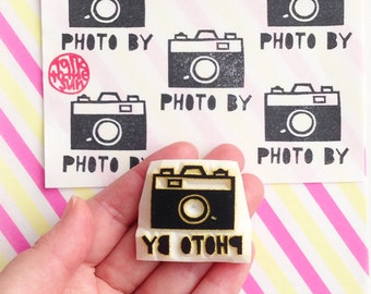 Camera rubber stamp, Custom name stamp, Hand carved stamp, Personalized photographer gift