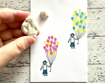 Girl carrying balloon rubber stamp, Hand carved stamps by talktothesun, Best friend gift