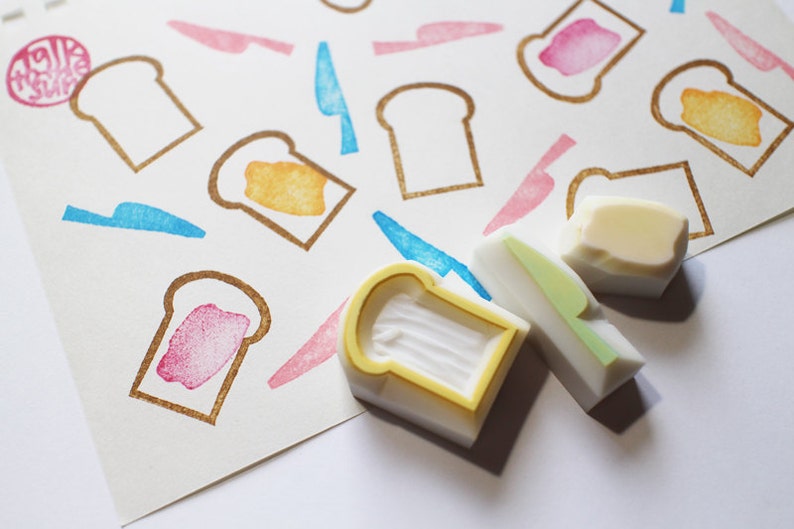 Toast rubber stamp set, Bread jam & knife stamps, Hand carved stamps by talktothesun image 1