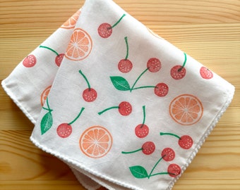 Juicy fruits handkerchief, Children cotton hankie, Hand printed textile by talktothesun