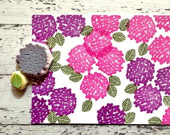 Hydrangea Rubber Stamp Set | Hand Carved Stamps | Flower & Leaf | Style No.1