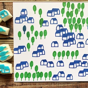 Mini village rubber stamp set, House & tree stamps, Hand carved stamps by talktothesun
