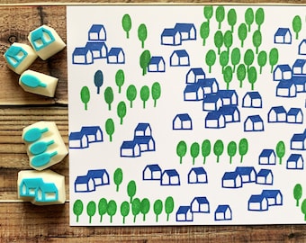 Mini village rubber stamp set, House & tree stamps, Hand carved stamps by talktothesun