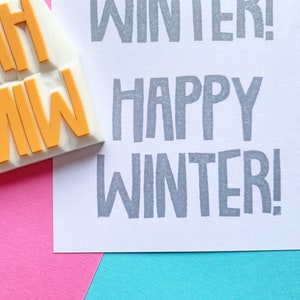 Happy winter rubber stamp, Holiday message stamp, Hand carved stamp, Gift for creatives