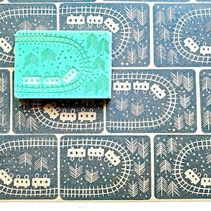 Sello de goma de vía de tren, sello de ferrocarril, sello tallado a mano, regalo artesanal para niño