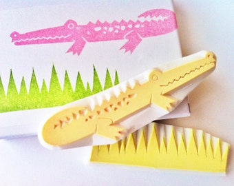 Alligator & grass rubber stamp set, Jungle animal stamps, Hand carved stamps