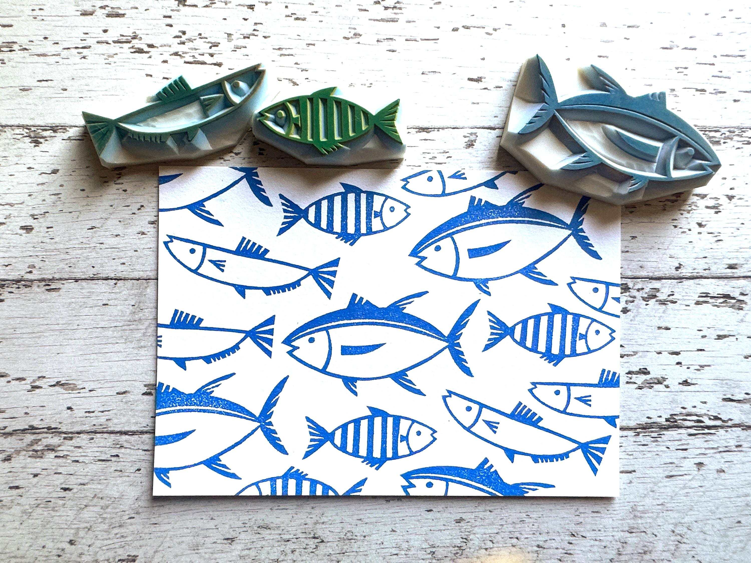Hand carved rubber stamp - 3 cute fish designs : tuna, sardine and striped beakfish