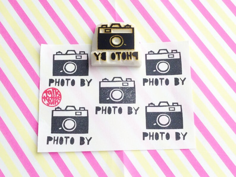 Camera rubber stamp, Custom name stamp, Hand carved stamp, Personalized photographer gift image 2