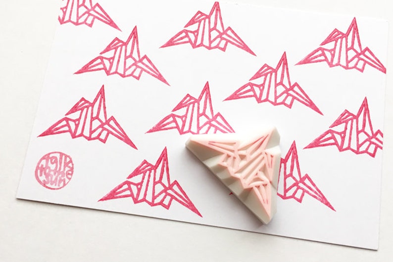 Origami crane rubber stamp, Japanese paper crane stamp, Hand carved stamp image 3