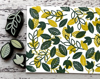 Leaf rubber stamp set, botanical pattern stamps, Hand carved stamps by talktothesun