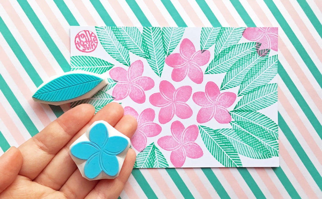 Frangipani Rubber Stamp, Plumeria Flower & Leaf Stamps, Hand Carved