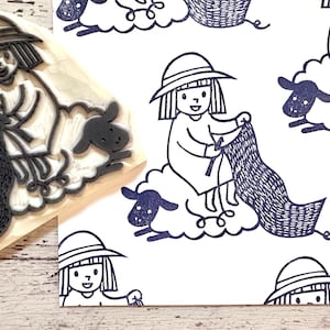 Tampon en caoutchouc pour fille au crochet, Tampon mouton drôle, Tampon sculpté à la main, Cadeau artisanal pour maman