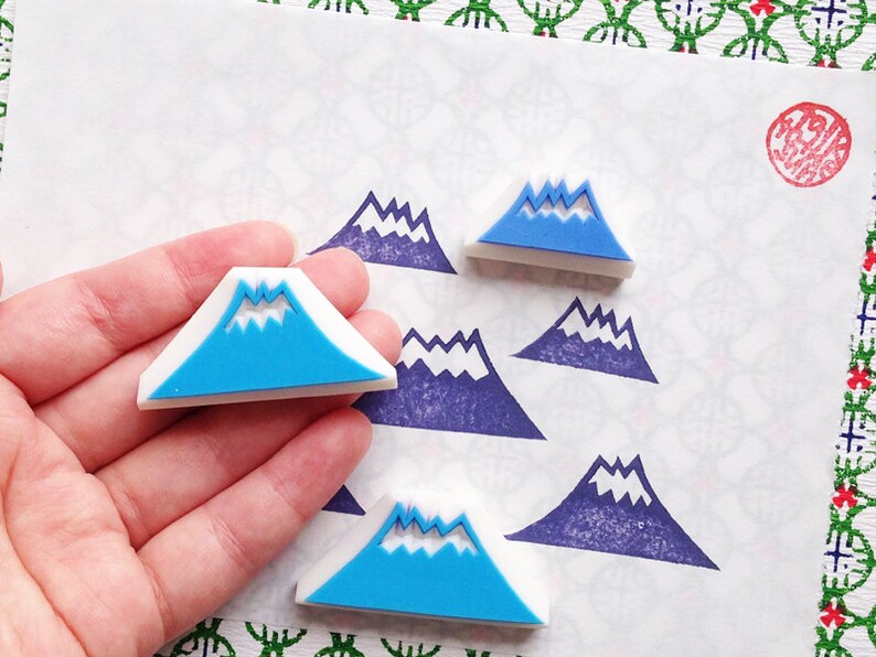 Snowy mountain rubber stamp set, Earth landscape stamp, Hand carved stamps image 2