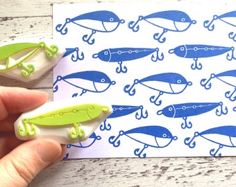 Fishing lure rubber stamps, Fishing equipment stamp, Hand carved stamps, Gift for kids