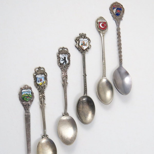 Vintage Spoon Collection, 6  Countries Travel Souvenir Spoons, Bullfight Mexico, Berlin, Turkey, Lipizzaner Horses Vienna, Sicily, Kloster