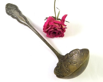 Antique Ornate Ladle, Worn Silverplate, Brass Revealed, Farmhouse Primitive