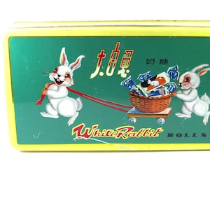 White Rabbit Rolls Tin, Vintage Metal Tin for Chinese Candy, Green and Yellow with Bunnies, Has Wear, Imperfect, No Rust
