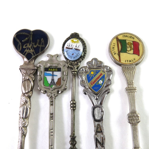 Vintage International Souvenir Spoons, Paris, Eiffel Tower France, Buenos Aires Argentina, Italy, Vancouver BC, Collection of 5 Spoons