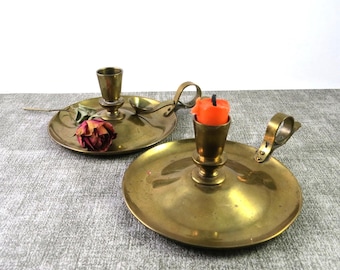 Vintage Brass Chambersticks, Pair of Candle Holders with Handles, Drip Tray, Snuffer