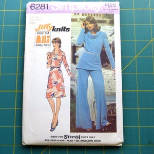 Simplicity 6281, Jiffy Knits Size 10 Miss 32.5 Bust, Dress, Top, Pants 1970s Vintage Uncut Sewing Pattern, Stretch Knits Only, Simple to Sew