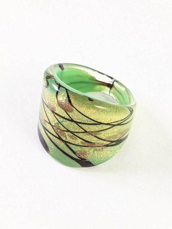 Green Glass Ring, Lampwork Wrap Ring Wide Band, Gr