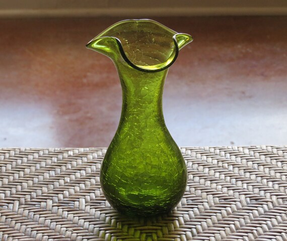 Green Crackle Glass Vase Olive Spring Green With Crackled Etsy