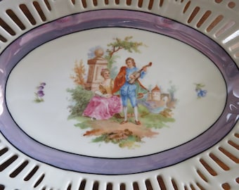 Vintage Schwarzenhammer Bowl, Reticulated Ornate Bowl Romantic Scene Castle, Bavaria Bavarian White Porcelain China, Purple, Cut Outs