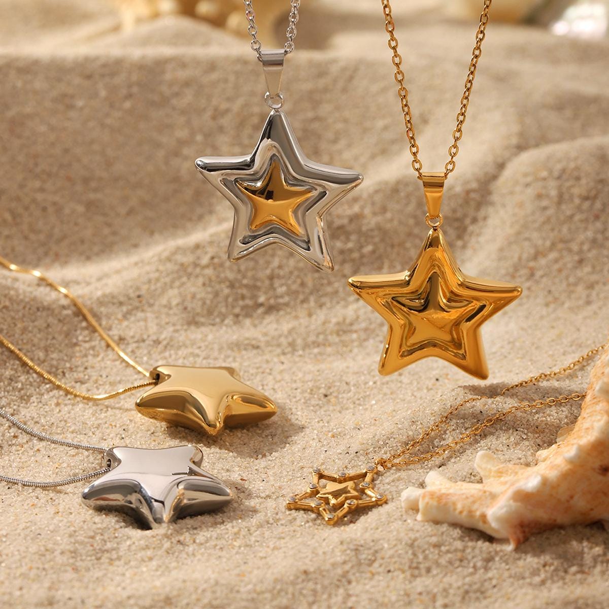 ●VVV● Star Pendant Bead Chain Surgical Necklace 23SSNK080S Star Collarbone Chain for Women | Simple Five-point Star