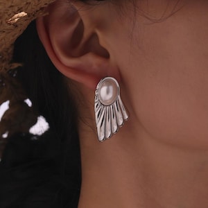 Iridescent Shell Fan Earrings/High-Luster Mother of Pearl Studs/18K Gold Plated Brass/Small Batch Artisan Jewelry/Graduation Gifts for Her