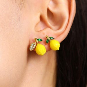 Lemon Charm Earrings/Lemon Fruit Earrings/Food Earrings/CZ Earrings/Summer Jewelry/Minimalist Jewelry/Handmade Fruit Jewelry/Gift for Her