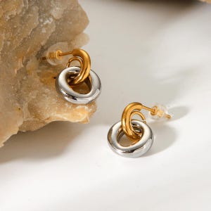 Abstract Geometric Earrings - Double Circle Drop Earrings - Handmade Stainless Steel Jewelry - Contemporary Dangle Earrings for Women