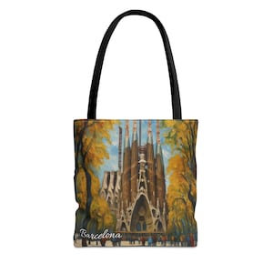 Barcelona Tote Bag, Spain Travel Tote, Sagrada Familia Market Bag, City Symbols Shoulder Bag, Tourist Souvenir Purse, Spanish Landmark Gift