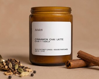 Cinnamon Chai Latte Fall Candle, Soy Coconut Wax, Wooden Wick, Amber Jar