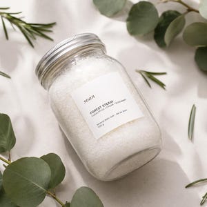 Jar of Forest Steam mineral bath salts made with Epsom salt and a eucalyptus, cedarwood, rosemary, and peppermint aroma