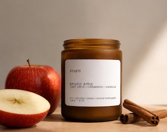 Spiced Apple Fall Candle, Soy Coconut Wax, Wooden Wick, Frosted Amber Jar