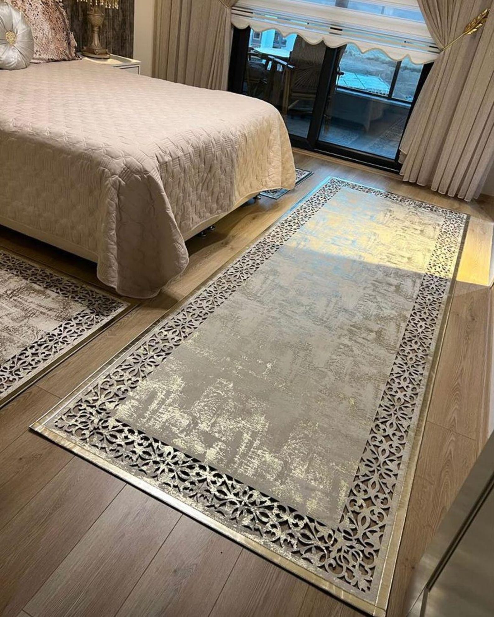 White and Light Gold With Laser Cut Rug, White and Gold Laser Rug ...