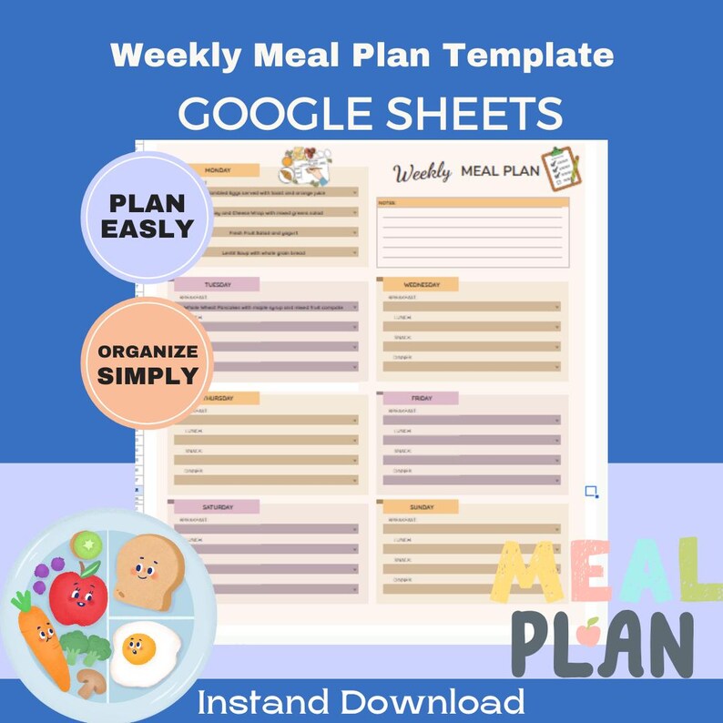 Editable Pastel Weekly Meal Planner Google Sheets Template Digital Food ...