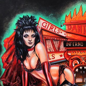 The Inferno Room 11 x 14 & 8x10 Lydia in her red wedding undergarments poses in front of the best strip club this side of death image 1