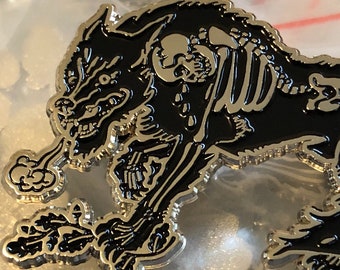 Werewolf Of The Woods enamel pin wolf within large metal skeleton pin with oak leaves spirit animal badge Halloween witch pagan