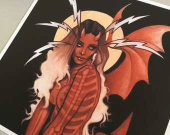 Black lightning demon devil woman print made from original painting
