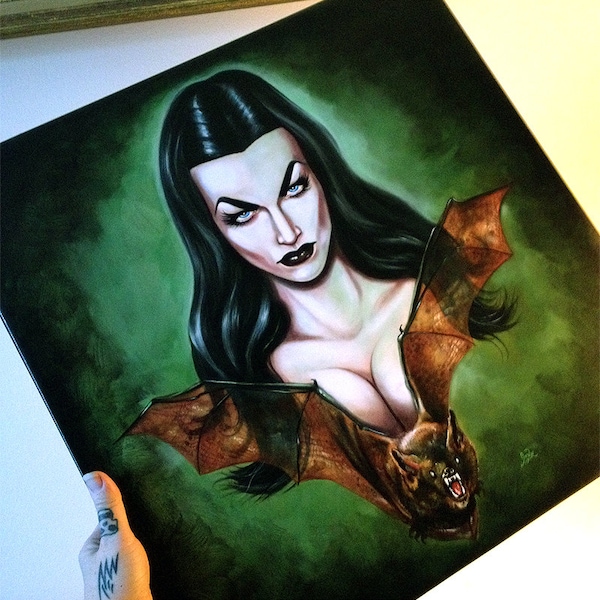 Vampira big bat goth goddess 20" x 20" on canvas ready to hang