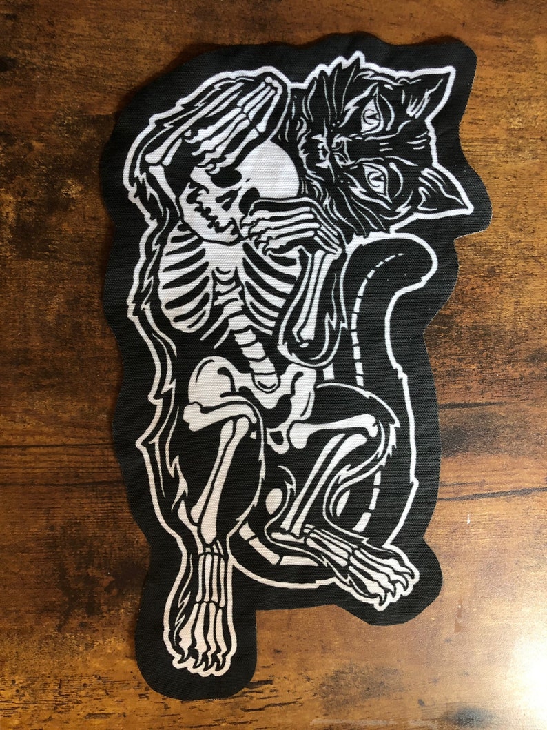 Black cat patch black and white Halloween feline skeleton fabric patch