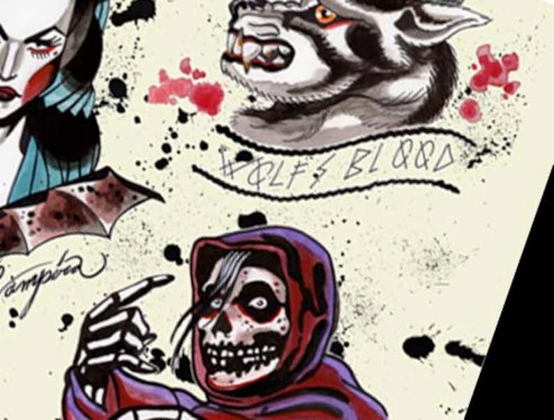 May include: A tattoo flash sheet with three different designs. The top design is a woman with a blue and white outfit. The middle design is a wolf's head with the text "Wolf's Blood". The bottom design is a hooded figure with a skull face.