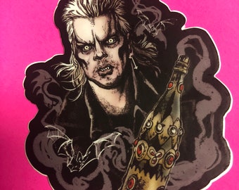 May include: A black and white illustration of a vampire with long, white hair holding a bottle of blood. The vampire has a menacing expression and is surrounded by bats and smoke.